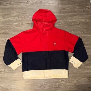 Vtg Nautica Parka Men XL Rain Jacket Hooded Yacht Club Big Logo Nylon Red/Blue